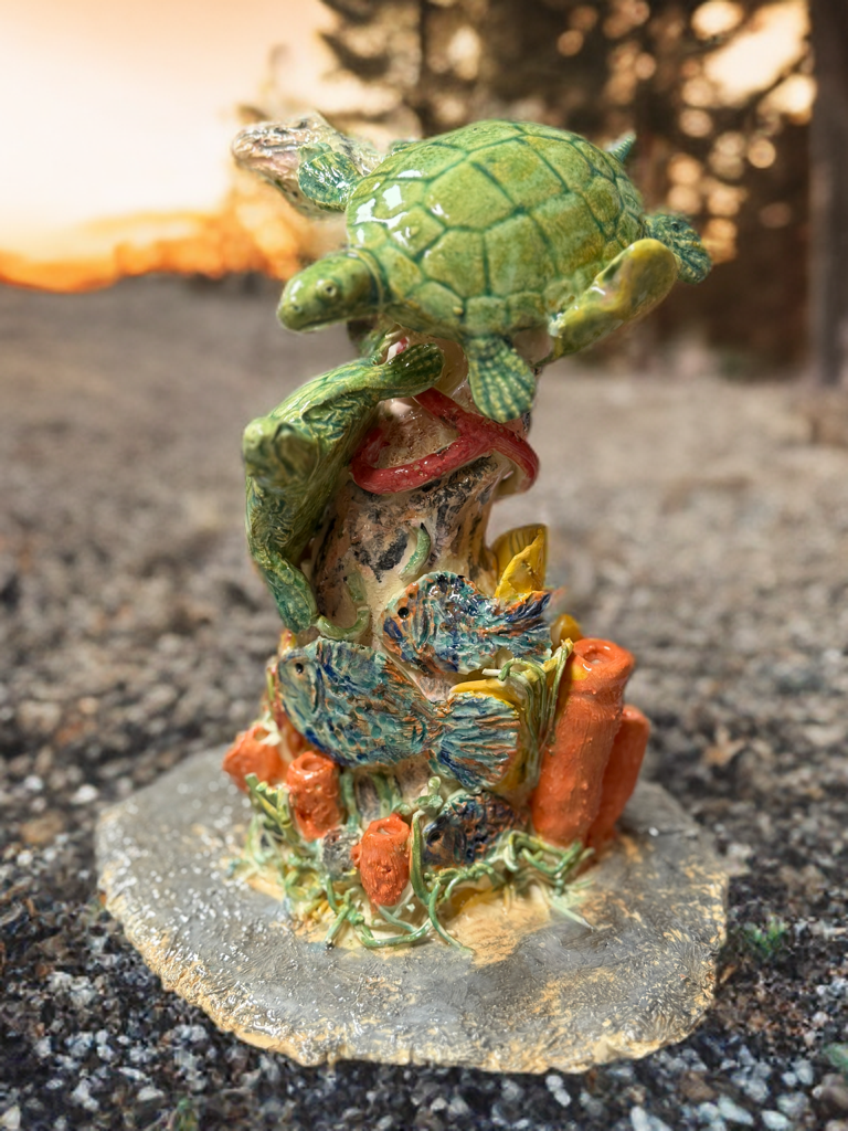 Ceramic Sea Turtle Tower Sculpture with Fish and Coral