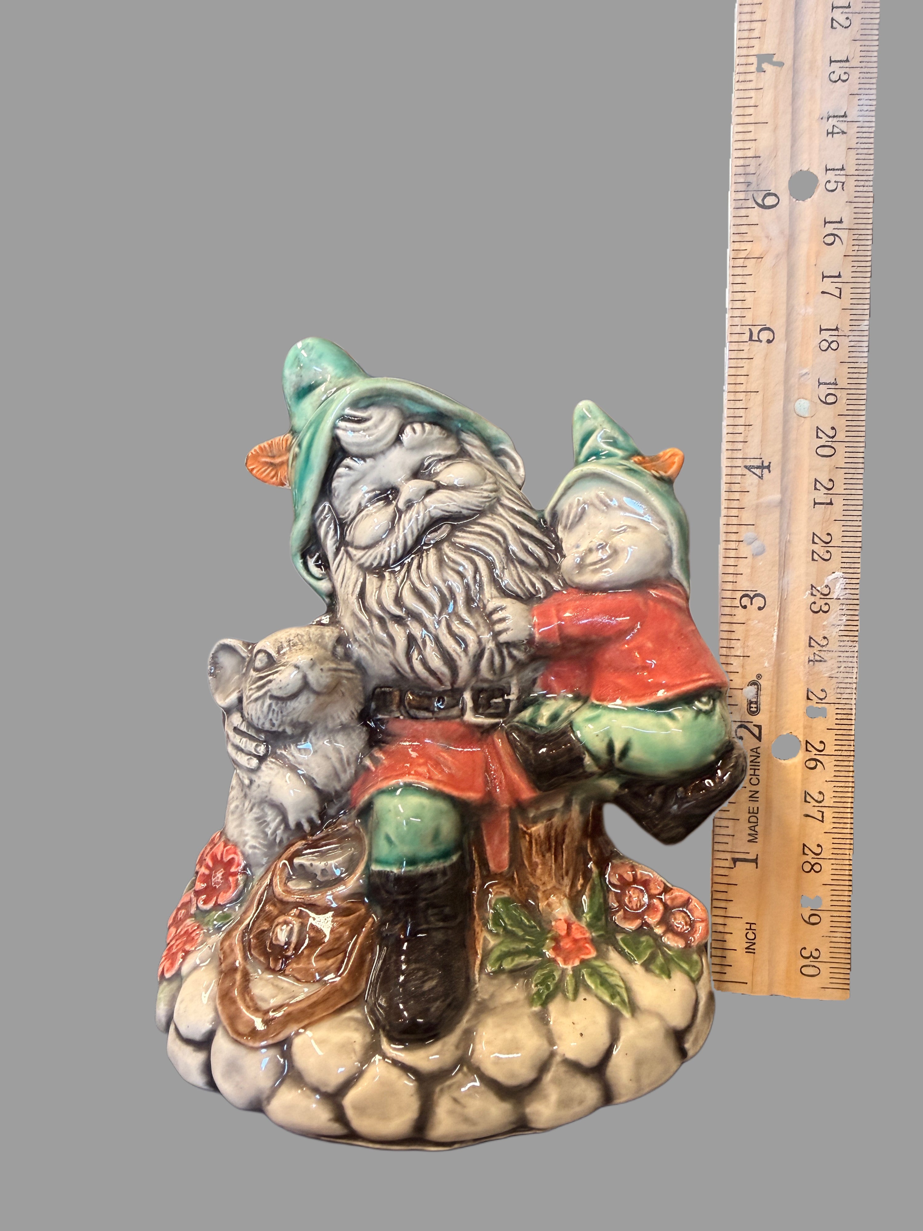 Ceramic Gnome Couple Figurine with Woodland Animals