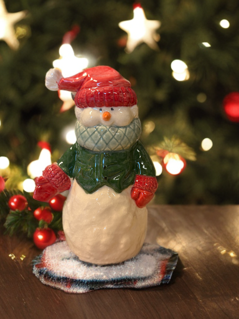 Ceramic Snowman Figurine with Santa Hat - Holiday Decoration